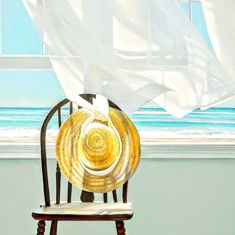 White see through curtains blowing ocean air into a quaint house with chair*& sun hat hanging on it