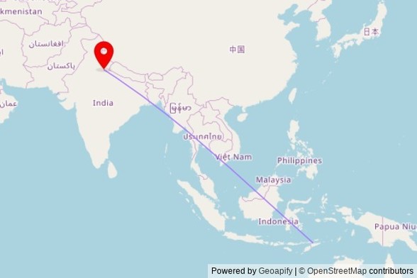 A map showing the great circle route from Dili in Timor-Leste to a map pin at Quile Wali Masjid, GMD Road, Moradabad - 244001, Uttar Pradesh, India