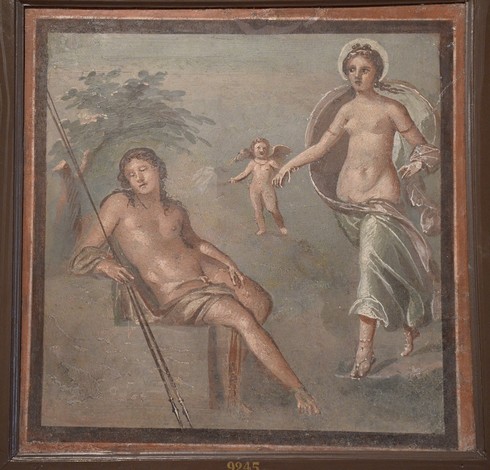 Fresco of Selene and Endymion. Enymion is depicted as a long-haired youth, asleep in a half-seated position, a pair of spears in his arm. A winged Eros leads Selene towards him. She has a halo around her head and her signature billowing cloak.