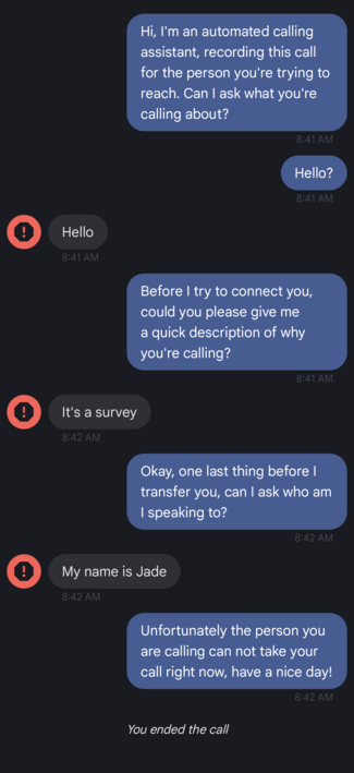 A transcription of Google's Phone Screen feature. An automated calling assistant is interacting with a telemarketer who wanted to survey me.