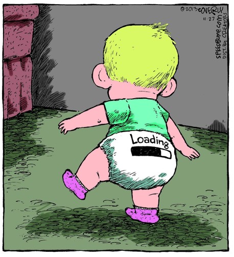 Cartoon von Dave Coverly.
Ein Baby mit gelben Haaren, grünem Shirt und weissen Windeln von hinten gesehen. Auf der Windel ist eine Anzeige, welche den Ladestand der Windel angibt.