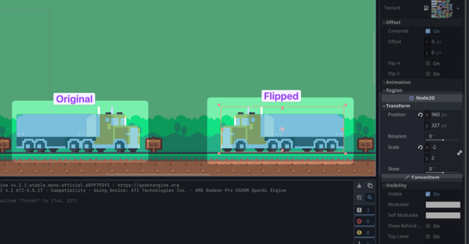 Godot Editor showing the Node2D | Transform | Scale fields. Showing two identical truck sprites.