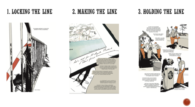 Slide showing the three sections of the book, 1. Locking the line; 2. Making the line; 3. Holding the line; each with a choice of drawing to illustrate the theme. The first shows a fence used; the second a hand holding a historic map; and the third shows workers laying a border stone.