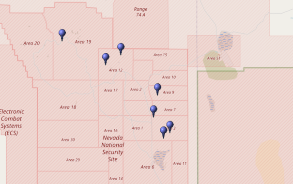 Kartierung aller Koordinaten von "Operation Julin (Atomtest)" im Testgebiet Nevada (Nevada National Security Site, NNSS)
Quelle: OpenStreetMap
Lizenz: Open Data Commons Open Database-Lizenz (ODbL)