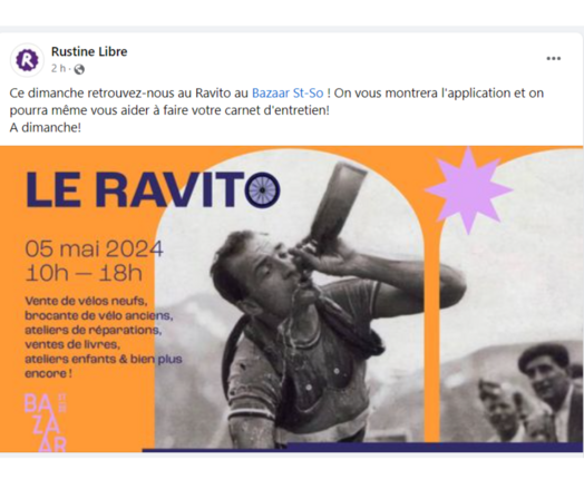 Rendez-vous dimanche 5 mai, pour rencontrer l'équipe de RustineLibre lors du Ravito au Bazaar St-So de Lille, de 10h à 18h