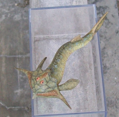 Pez con un "casco" óseo pentagonal. En los vértices laterales al central, tiene dos largas prolongaciones puntiagudas. Tiene los ojos sobre este casco óseo.