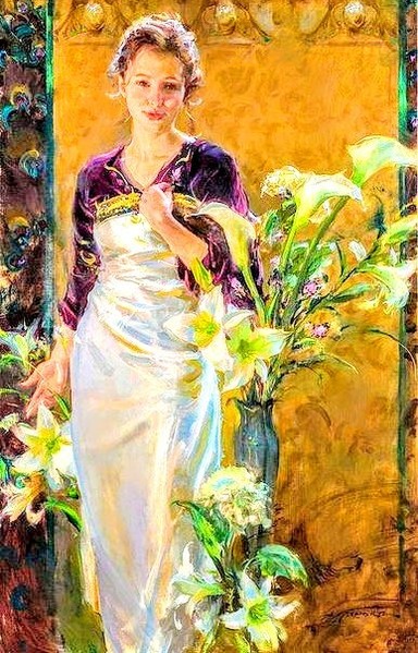 Woman with yellow and white lilies 