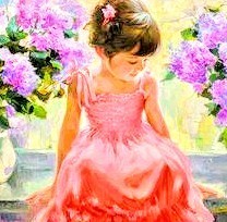 Little girl dressed in pink sitting on a window seat bench with lavender lilacs on each side of her 