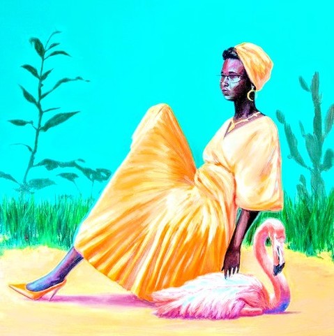 Woman sitting next to a pink pelican 