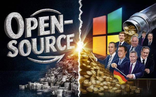 Die Titelgrafik wurde mit Ideogram.ai nach folgendem Prompt erstellt: A striking graphic featuring an open-source lettering on one side, accompanied by a vibrant Microsoft logo and German politicians with a German flag are depicted pouring money into the Microsoft site, symbolizing their suppor.on the other. The contrast highlights the battle between the two technology giants. In the right center, The overall atmosphere is competitive, with a touch of satire and a hint of political influence in…