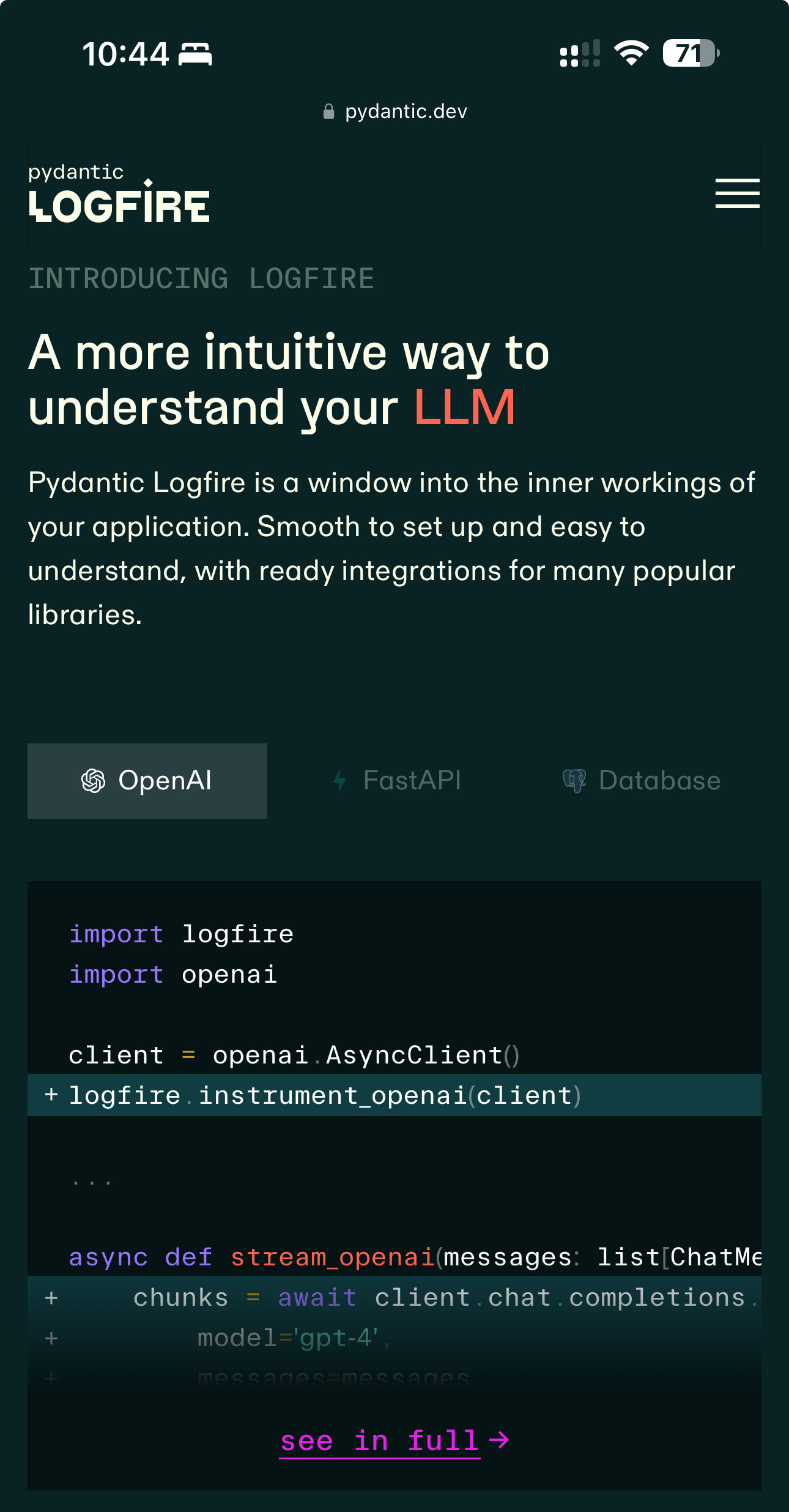 Screenshot of "pydantic.dev" Logfire landing page on iOS. Section heading says "A more intuitive way to understand your LLM", with "LLM" highlighted in red. A short description follows, and under it a tab bar that allows one to choose between "OpenAI", "FastAPI", "Database".