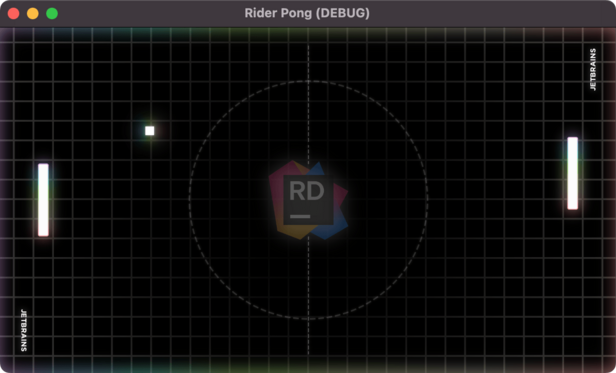 Pong game showing two paddles, a ball, and a JetBrains Rider themed play field