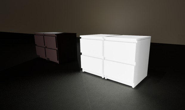 Screen shot of a virtual showroom with 2 black IKEA MALM nightstands and 2 white IKEA MALM nightstands