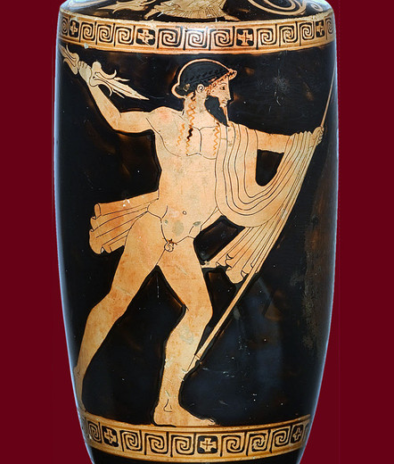 Red-figure vase painting of a naked Zeus in the process of throwing his thunderbolt.