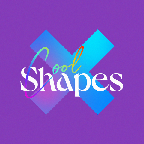 Logo Cool Shapes. Cool in handwritten font with rainbow colors and Shapes in serif in white.
Background violet with centered big x with colors blue, cyan, violet and magenta on a gradient.