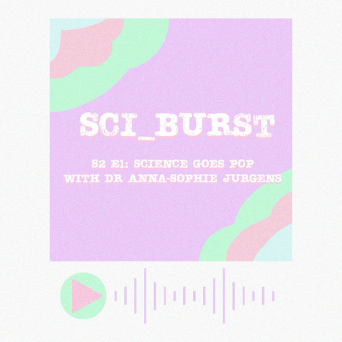 Photo image of a pastel podcast cover including a play button and audio wave imagery