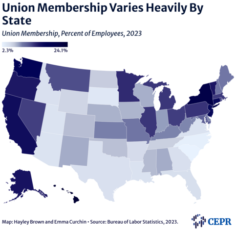 Map of the 50 US states: 
"Union Membership Varies Heavily By State" 
Shows Union Membership, Percent of Employees, 2023

Data downloadable.

Map: Hayley Brown and Emma Curchin
Source: Bureau of Labor Statistics, 2023