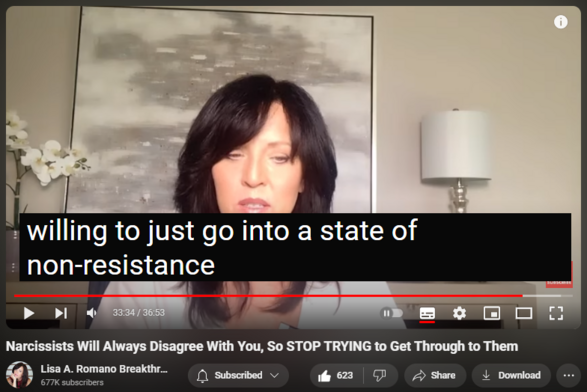 https://www.youtube.com/watch?v=Ddwcxcq-gAY
Narcissists Will Always Disagree With You, So STOP TRYING to Get Through to Them


7,829 views  30 Apr 2024  Fawning Response; Codependency Recovery
✅ Register for my most popular groundbreaking transformational and psychologist-approved online healing program
https://www.lisaaromano.com/12wbcp 

Narcissists will never see things your way because they will never let go of this one thing. In this video, you will learn about why you should never argue with someone who you come to understand as toxic and narcissistic. Narcissistic people have traits that include a lack of empathy, they lack self awareness, they are entitled, and feel very little guilt when emotionally manipulating their targets out of narcissistic supply.

In this video about narcissists, you will uncover the reasons why narcissists are controlling, manipulative, and impossible to deal with. Healthy people can self reflect and make adjustments, where narcissists cannot. Dealing with someone who is always right and never wrong, is toxic and destructive. It is why relationships with narcissists get worse over time. This information can help you become aware and help you to not argue with someone who is not interested in meeting you halfway.