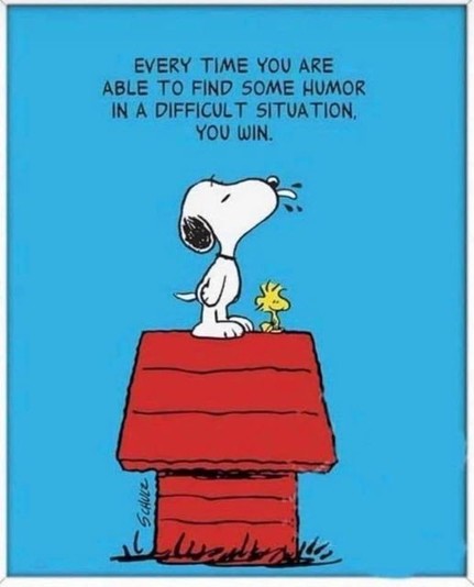 Snoopy und Woodstock stehen auf dem roten Häuschen.
Darüber steht der Spruch:
EVERY TIME YOU ARE ABLE TO FIND SOME HUMOR IN A DIFFICULT SITUATION, YOU WIN.