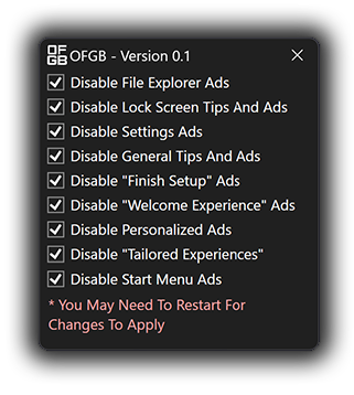 Screenshot Of a GUI Tool To Removes Ads From Various Places Around Windows 11