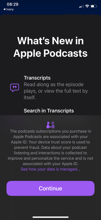 Apple Podcasts app with multiple popups, modals, popovers covering each other and the entire app interface.