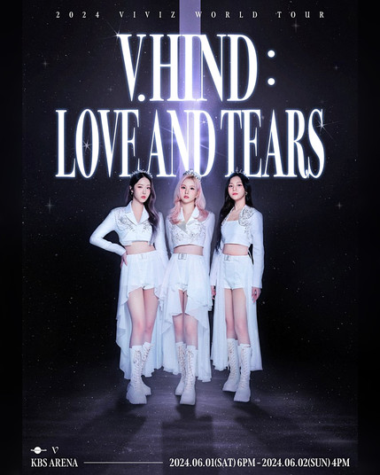 tour poster for the upcoming viviz world tour.
2024 VIVIZ WORLD TOUR
'V.hind : Love and Tears'
photo shows a group shot of the 3 members in white outfits, posing on stage.