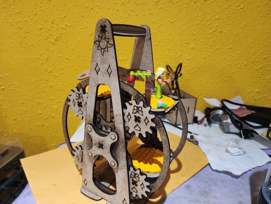 Lego display wheel, decorated gears have upside down butterflies and hearts