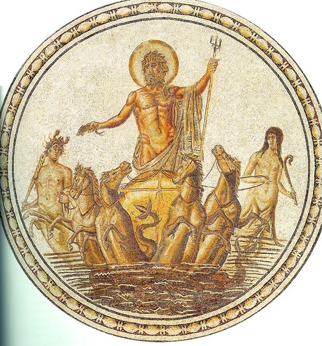 Mosaic of Neptunus / Poseidon in chariot drawn by fishtailed horses. An ichtyocentaur, a creature with the upper body of a human, the front legs of a horse, and a fishtail, swims on the left behind them, crab claws emerging from his head. On the right behind Poseidon, a Nereid swims, her mons veneris exposed. It is not entirely clear if it is draping or a fishtail (or both) emerging underwater.