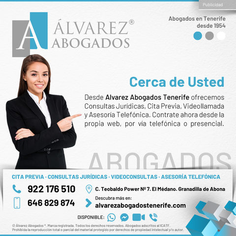 Abogados cerca de usted. Desde Alvarez Abogados Tenerife ofrecemos Consultas Jurídicas, Cita Previa, Videollamada y Asesoría Telefónica. Contrate ahora desde la propia web, por vía telefónica o presencial.
