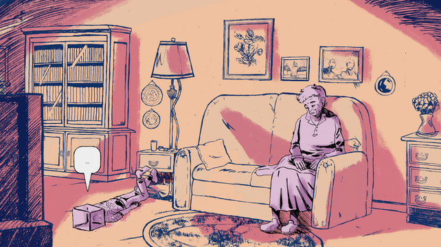 Screenshot from Wednedays. An old woman is sleeping on a couch while a young boy with a square head is lying bored on the floor