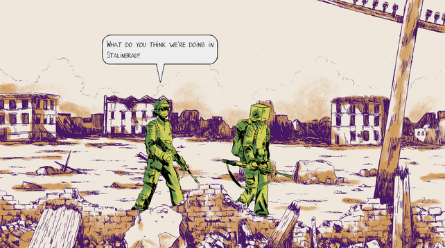 Screenshot from Wednedays. Two soldiers are walking in what looks like a devastated Stalingrad