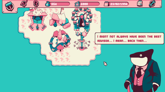 Screenshot from Wednedays. What looks like a Theme Park management sim, in pixel-art