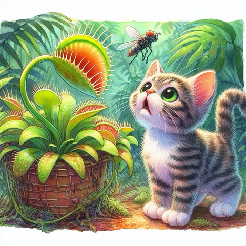 植物園の温室にある緑豊かな熱帯雨林コーナーにて、子猫はハエトリソウの葉先を真横から間近で興味津々に眺めていたら、ハエトリソウのあたりにハエが飛んできた。この後の展開を想像して子猫は体がびくっとなって思わず目を見開き瞳孔を丸くして口を開けて耳をぴんと立て体の毛が逆立った。