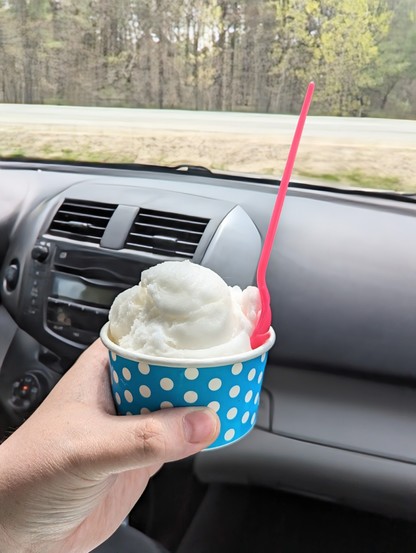 Image shows a dish of lemon sorbet with a pink spoon in it.