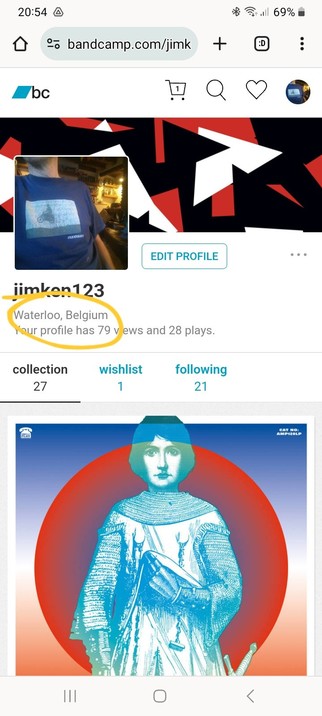 My jimken123 bandcamp profile page with my location set as Waterloo, Belgium.