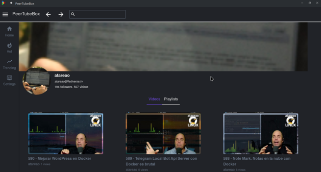 Captura de PeerTubeBox que muestra la página de la información de un canal