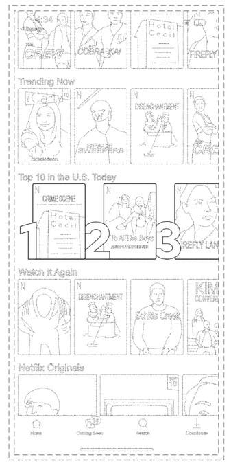 design patent drawing disclosing the Netflix interface, with the "top 10" numbers and frames shown in solid lines