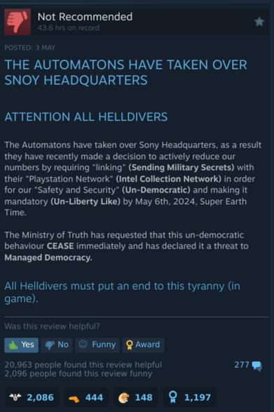 An image of a negative Helldivers 2 Steam review