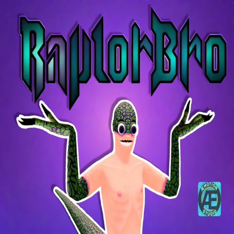 A photo of a man who is half lizard and half human, with a logo that stated Raptor Bro above his head.