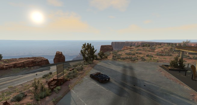 A picture taken in BeamNG.drive photo mode depicting a parked black car witnessing a sunrise. There is a building to the right of the picture, but not much of it can be seen.