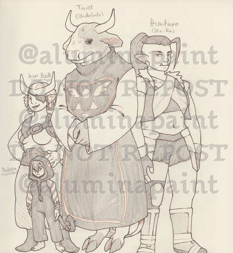 traditional art, four characters are shown. On the left stands a woman with horns and an eyepatch, next to her is a very tall, gentle minotaur, on the right there is a female orc with her long hair tied back, and in the front left there is a very small person wearing a hood while their face is half covered by their bangs.