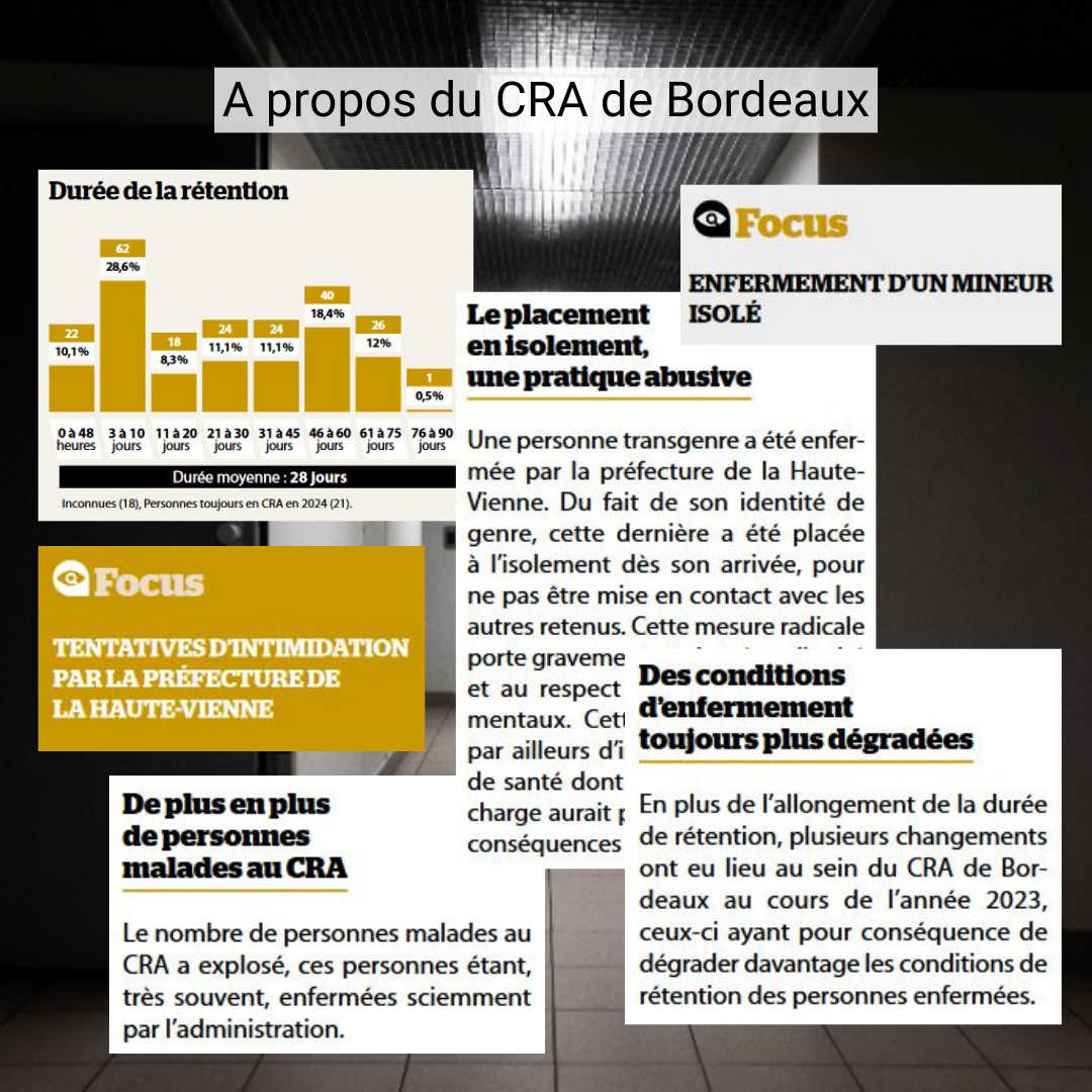 Extraits du rapport annuel de la rétention administrative 2023 sur les conditions de la rétention au CRA de Bordeaux.