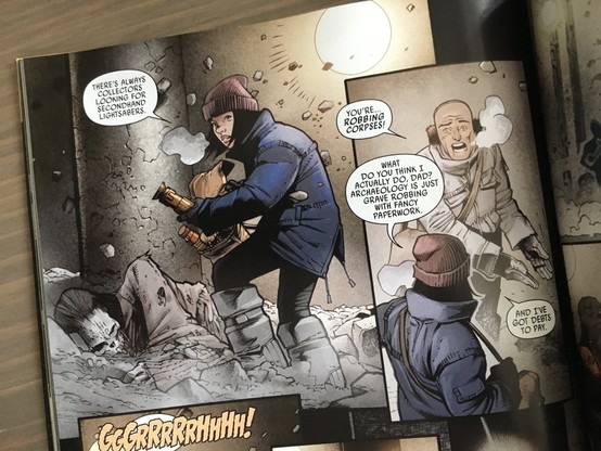 Page from the "Doctor Aphra" comic showing the eponymous Star Wars archaeologist looting an ancient Jedi burial.