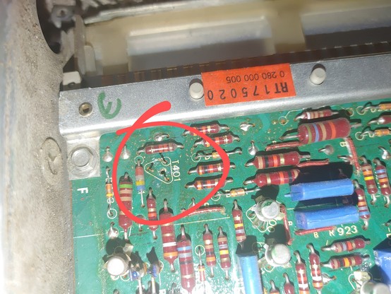 PCB of a Bosch DJetronic ECU from a 1970 Volkswagen Type3 Squareback. A missing transistor is circled.