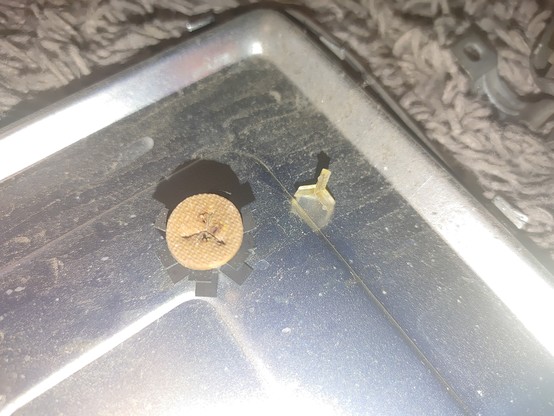 The underside of a transistor showing some rust damage