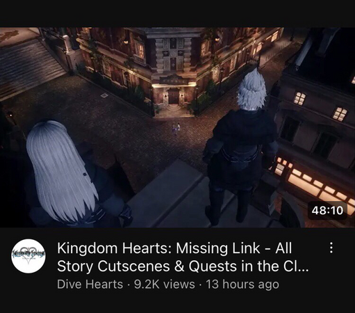 A snapshot of a cutscene from an unreleased video game. Two characters with white hair in black cloths looking down from on top of a building.