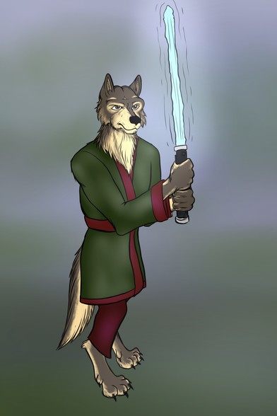 A vaguely lupine or canine space wizard with a laser sword. He is wearing a green cloak with cranberry-red trimming.  He is posed as though to answer an oncoming threat.