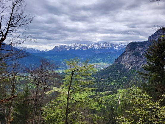 A stunning view of a valley surrounded by lush green trees and majestic mountains. The landscape features a cloudy sky overhead, adding a dramatic touch to the scene. Various types of trees, including Maples, with both green and bare branches, are scattered throughout the valley. Snow can be seen on the mountain peaks in the distance, enhancing the serene and picturesque setting. This outdoor mountain scene exudes a sense of wilderness and tranquility, making it a perfect spot for nature lovers…