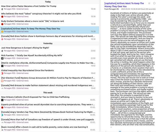 Pg-RSS external news feeds: Sunday 2024-05-05
News/analytics re: abuses of wealth, power, influence

📱 1-col: https://persagen.com/rss/pg-extnews.m.xml
💻️ 2-col: https://persagen.com/rss/pg-extnews.xml
🌐 Click title to go to external news source

Updated throughout the day
Victoria, Persagen.com 🙏

#persagen #news #CurrentEvents #politics #wealth #power #influence #ideology #populism #CultureWars #discrimination #HumanRights #LGBTQ+ #justice #climate #environment #capitalism #inequality #SocialJustice

Image: Pg-RSS news feed