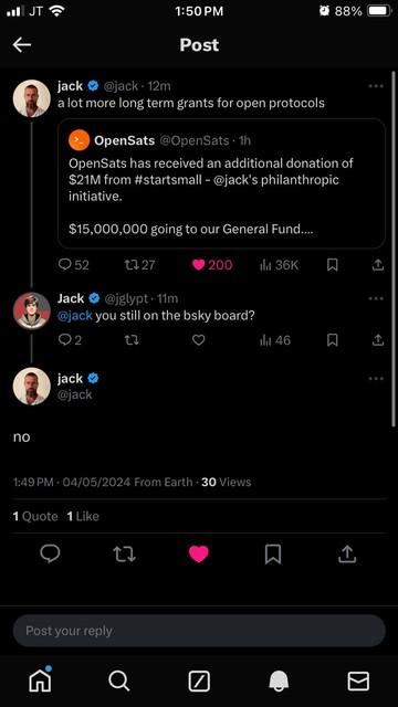 Someone asking Jack Dorsey if he is still on the Bluesky board. Jack Dorsey replying "no".